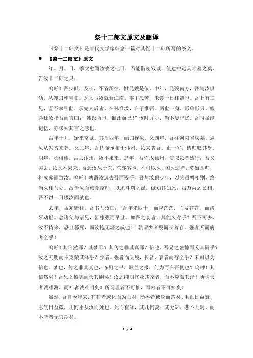 祭十二郎文原文及翻译