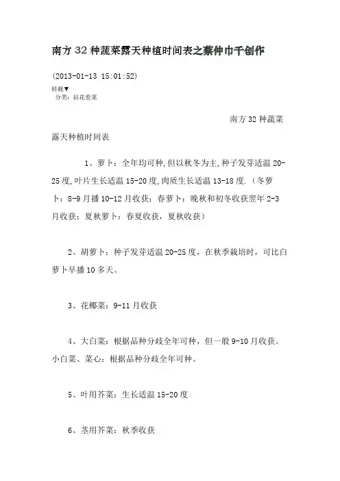 南方32种蔬菜露天种植时间表
