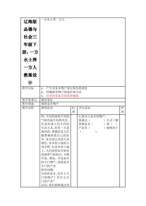 辽海版品德与社会三年级下册：一方水土养一方人教案设计