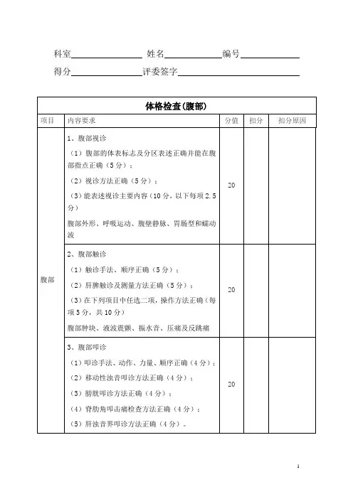 医学《体格检查(腹部)》技能评分标准表