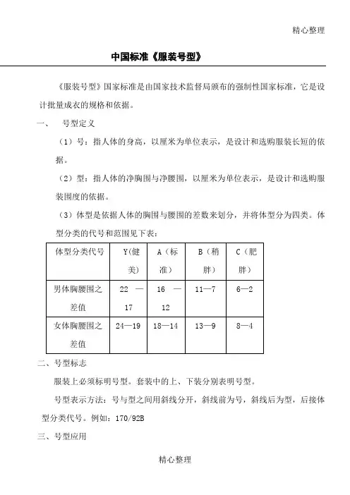 中国准则《服装号型》