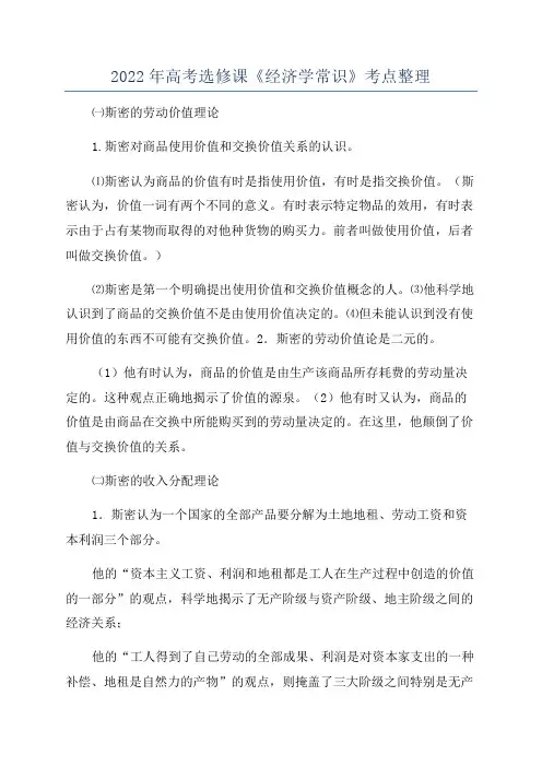 2022年高考选修课《经济学常识》考点整理