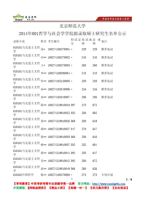 北京师范大学 2014年001哲学与社会学学院 拟录取硕士 究生名单公示