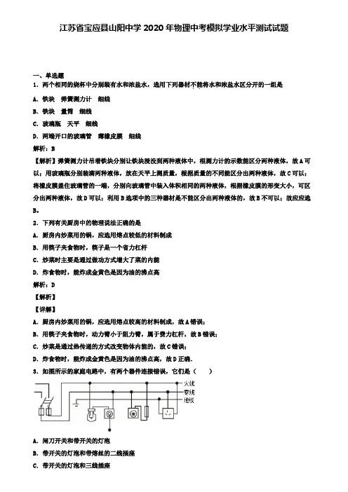 江苏省宝应县山阳中学2020年物理中考模拟测试试题(含答案有解析)