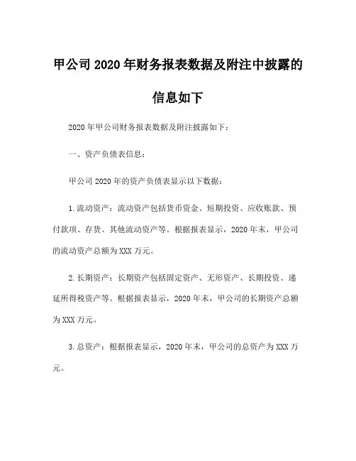 甲公司2020年财务报表数据及附注中披露的信息如下