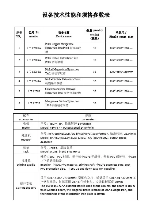 设备技术性能和规格参数表