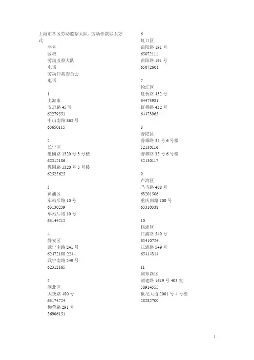 上海市各区劳动监察大队