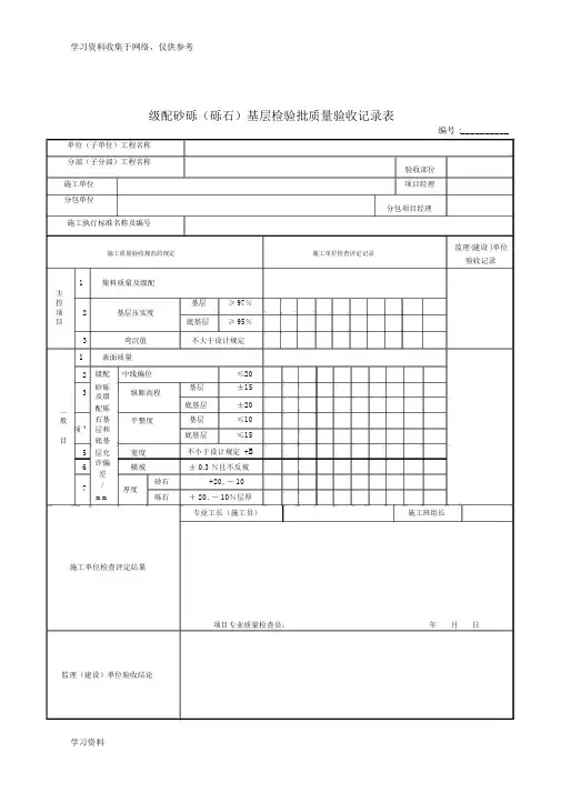 级配砂砾(砾石)基层检验批质量验收记录表