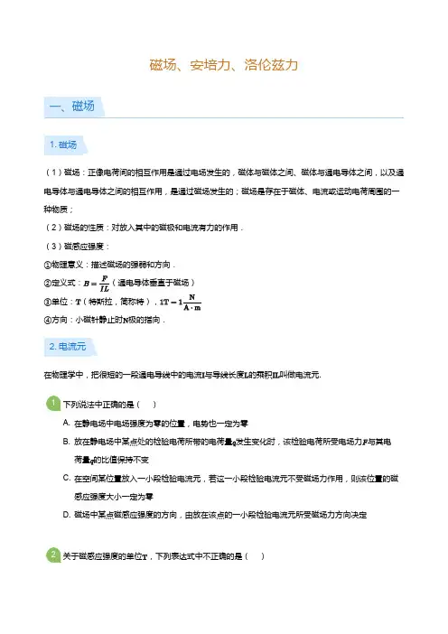 高二物理寒假讲义1磁场、安培力、洛伦兹力(学生版)