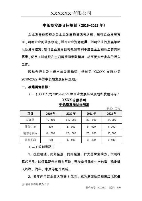 中长期战略发展目标规划范本(2019年-2022年)