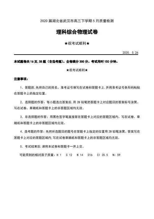 2020届湖北省武汉市高三下学期5月质量检测理科综合物理试卷及答案