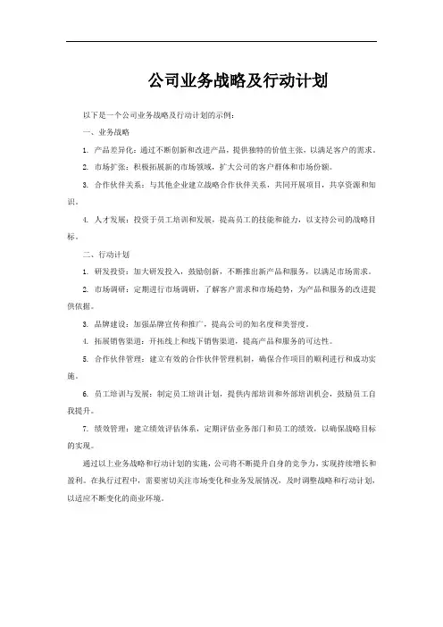 公司业务战略及行动计划