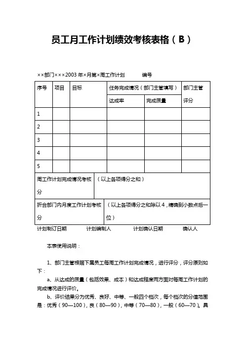 员工月工作计划绩效考核表格