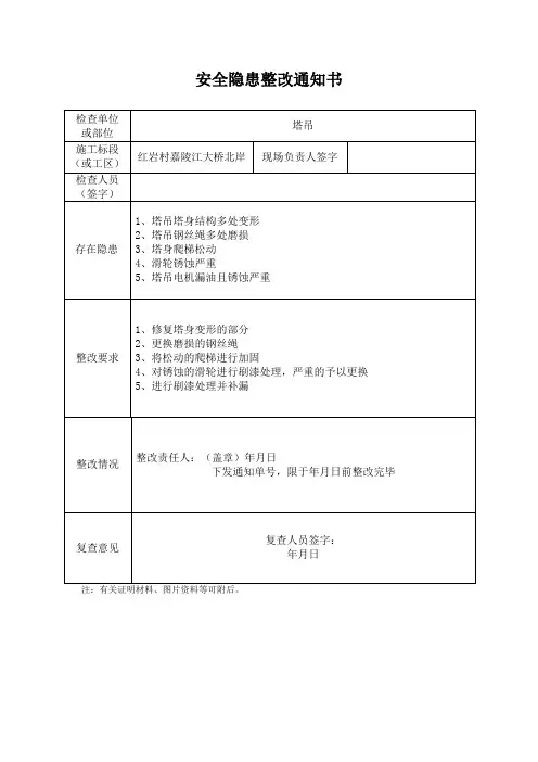 (塔吊)安全隐患整改通知书