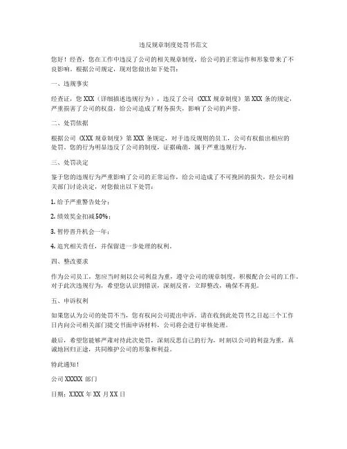 违反规章制度处罚书范文