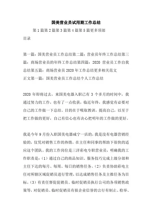 最新国美营业员试用期工作总结