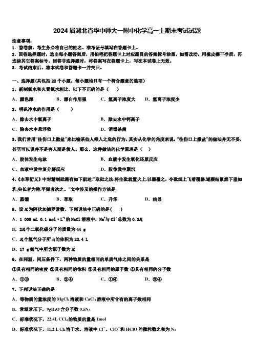 2024届湖北省华中师大一附中化学高一上期末考试试题含解析