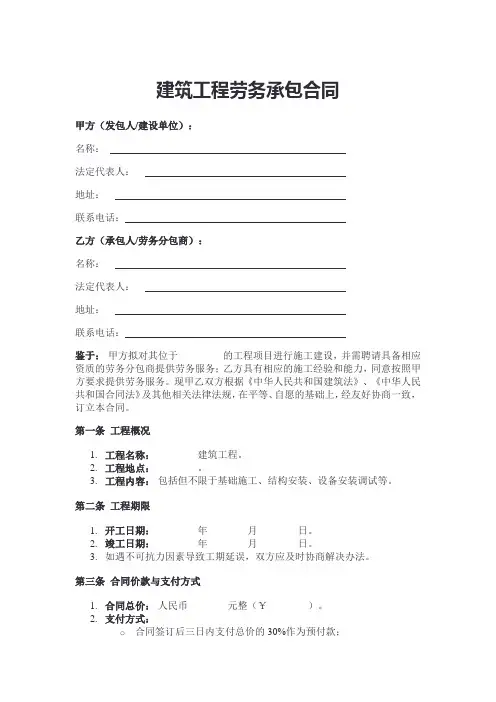 工程承包劳务合同模板