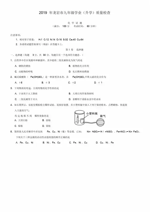 福建省龙岩市2019届九年级学业(升学)质量检查化学试题及答案