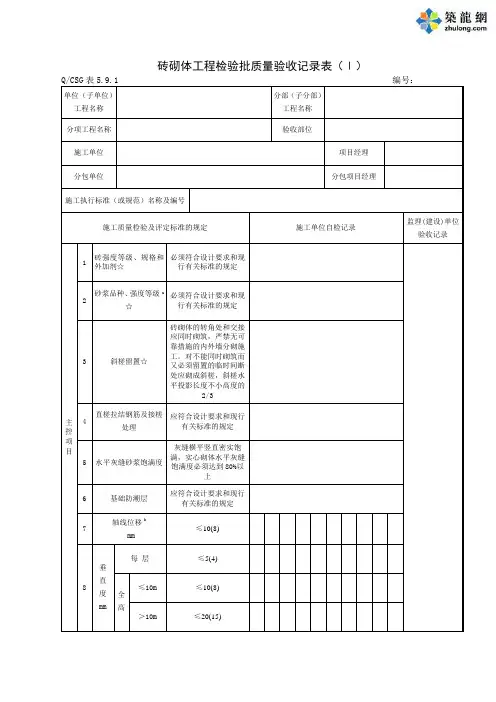 砌体工程施工质量验收记录表