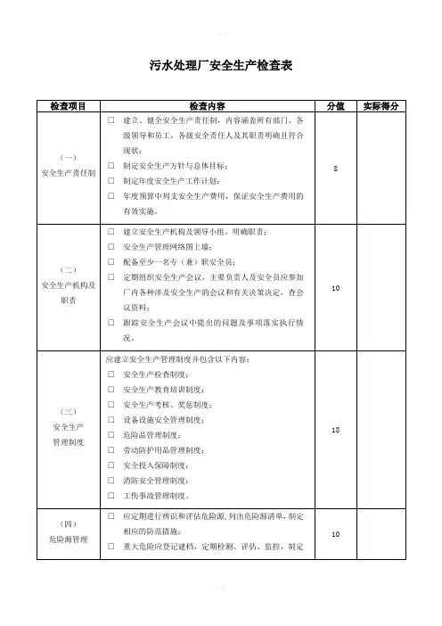 污水处理厂安全生产检查表