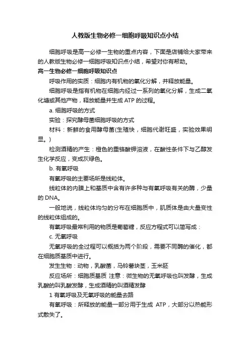 人教版生物必修一细胞呼吸知识点小结