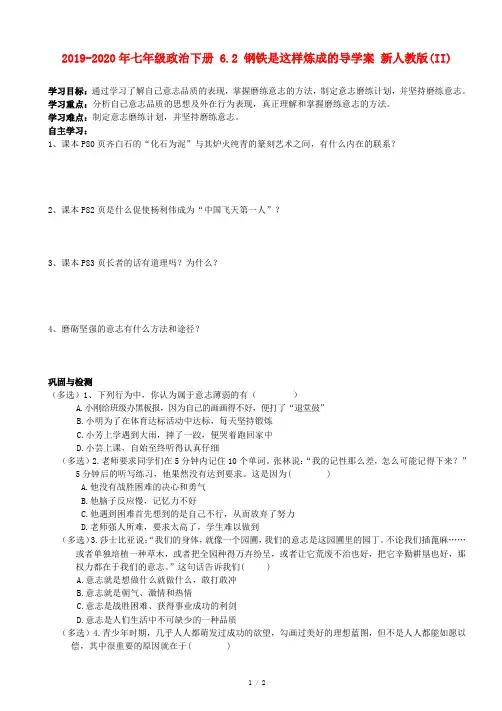 2019-2020年七年级政治下册 6.2 钢铁是这样炼成的导学案 新人教版(II)