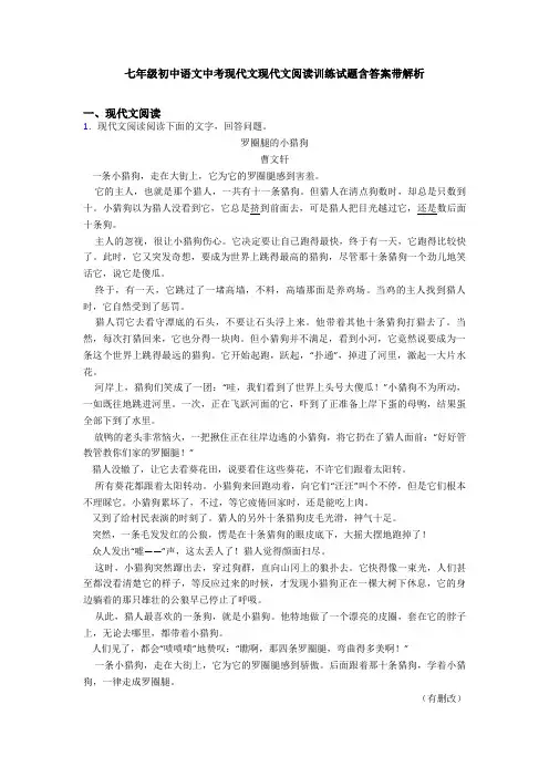 七年级初中语文中考现代文现代文阅读训练试题含答案带解析