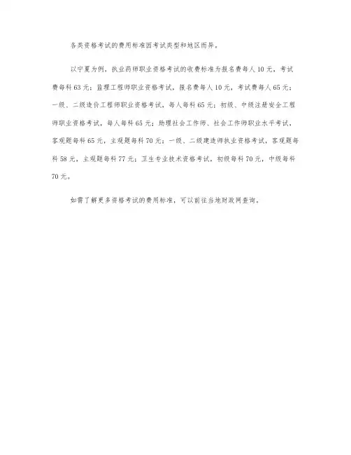 各类资格考试费用标准