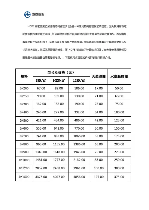 HDPE高密度聚乙烯缠绕结构壁管(A型)报价表