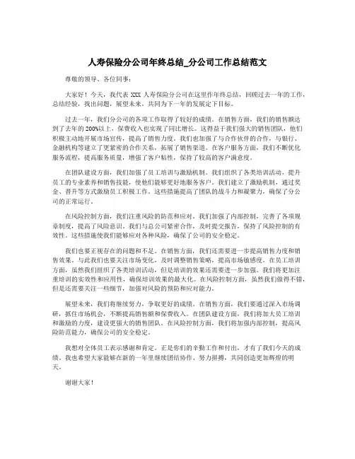 人寿保险分公司年终总结_分公司工作总结范文