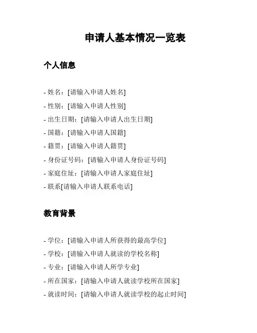 申请人基本情况一览表