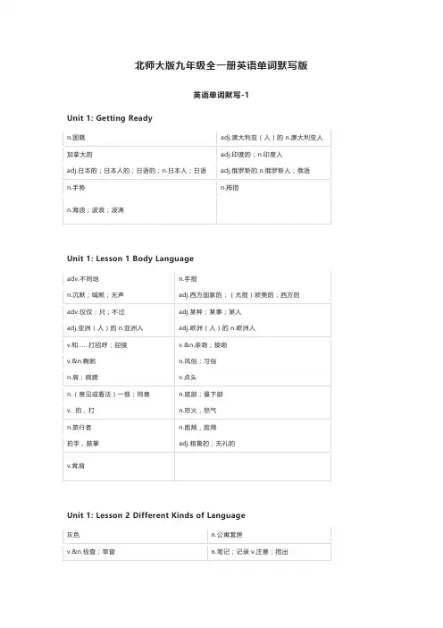 北师大版九年级全一册英语单词默写表