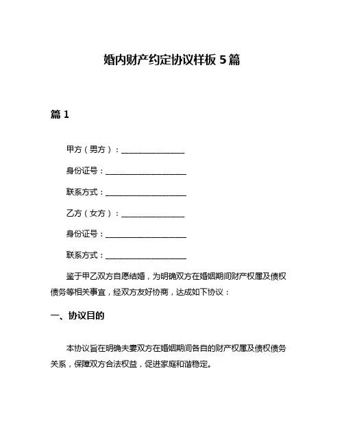 婚内财产约定协议样板5篇