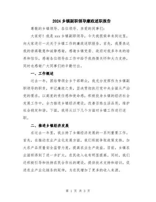 2024乡镇副职领导廉政述职报告