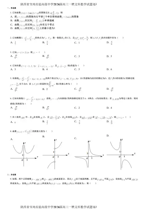 陕西省宝鸡实验高级中学2024届高三一模文科数学试题(1)