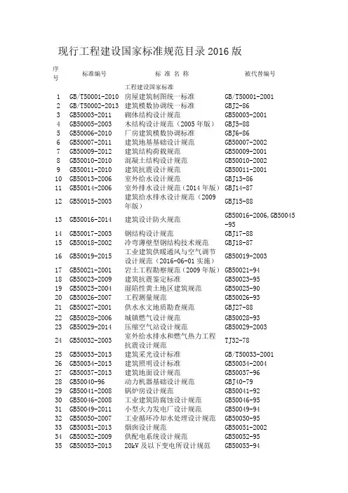 工程建设国家标准规范目录2016版