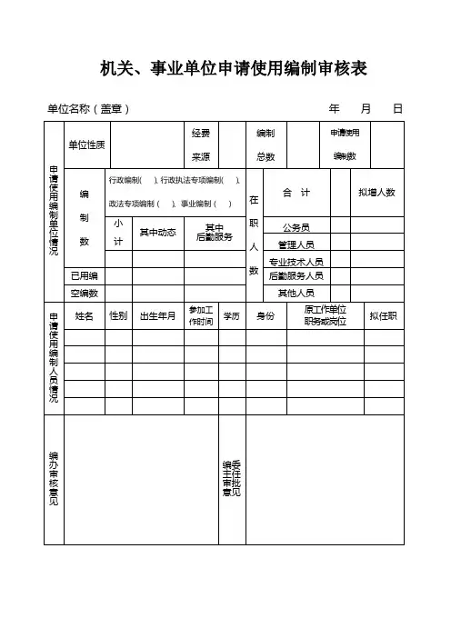 机关、事业单位申请使用编制审核表