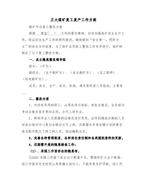 正大煤矿复工复产工作方案（3篇）