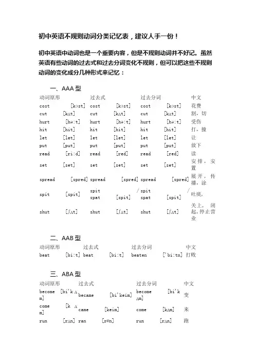 初中英语不规则动词分类记忆表，建议人手一份！