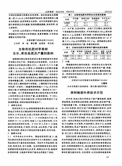 生物有机肥对苹果树生长、果实品质及产量的影响