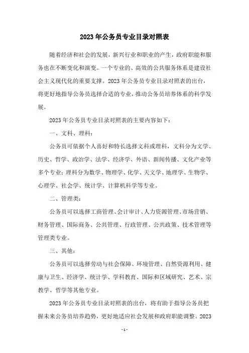 2023年公务员专业目录对照表