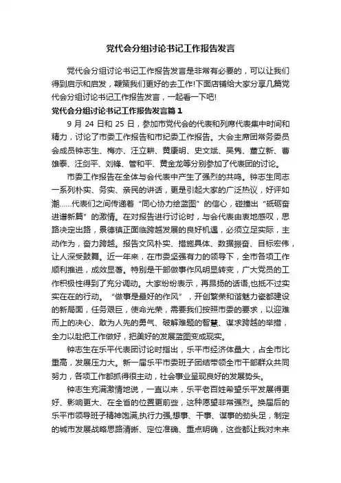 党代会分组讨论书记工作报告发言