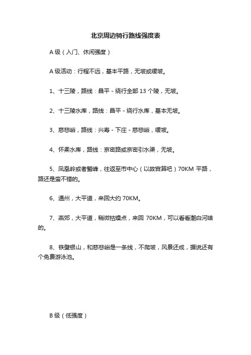北京周边骑行路线强度表