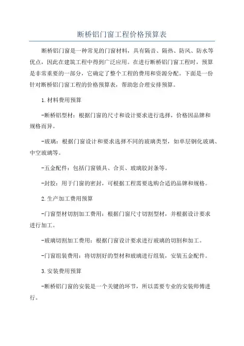 断桥铝门窗工程价格预算表