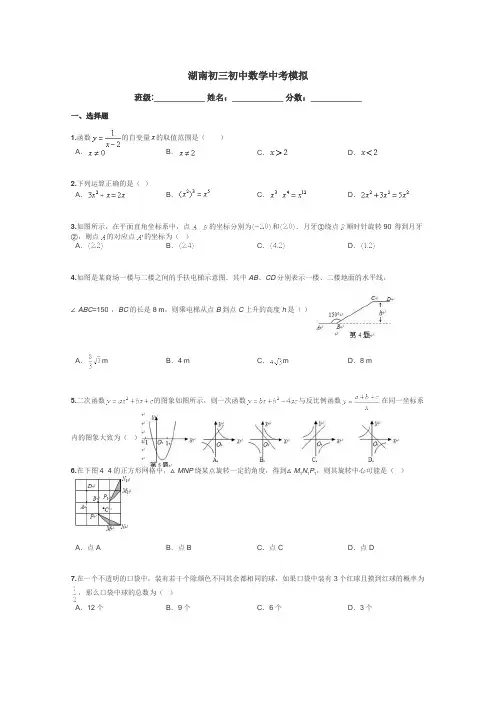 湖南初三初中数学中考模拟带答案解析
