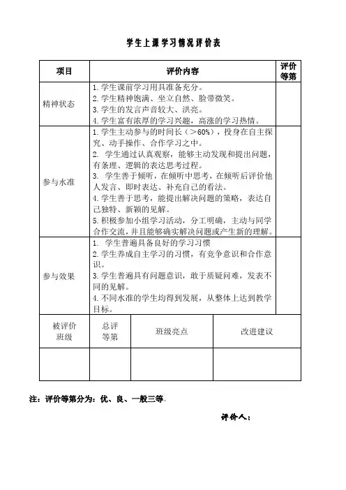 学生课堂学习情况评价表