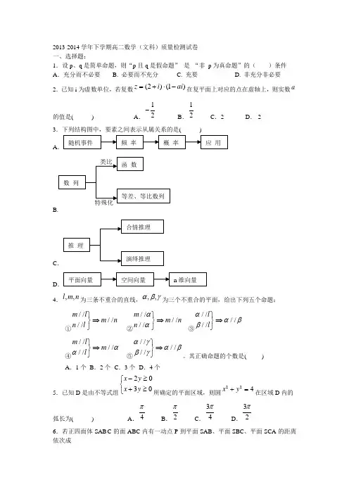 2013-2014学年下学期高二数学(文科)质量检测试卷