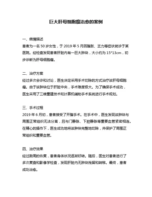 巨大肝母细胞瘤治愈的案例