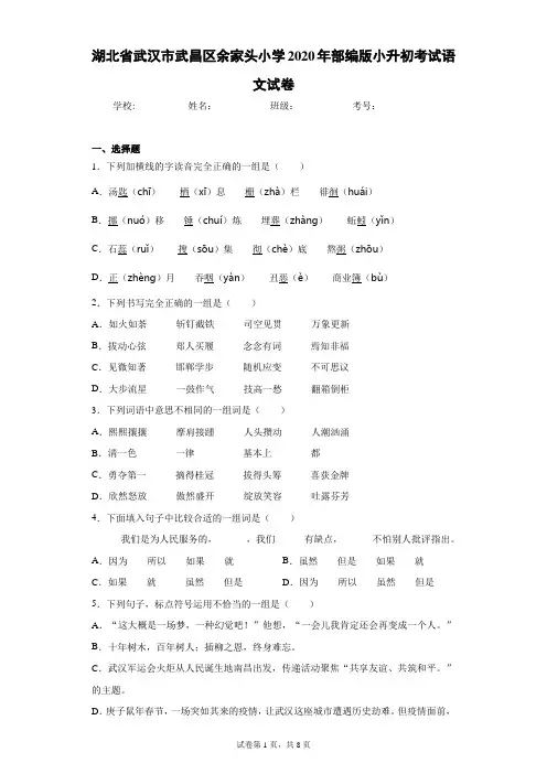 湖北省武汉市武昌区余家头小学2020年部编版小升初考试语文试卷(含答案解析)